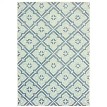 10' X 13' Blue and Ivory Geometric Stain Resistant Indoor Outdoor Area Rug