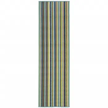 2' X 8' Blue and Green Striped Stain Resistant Indoor Outdoor Area Rug