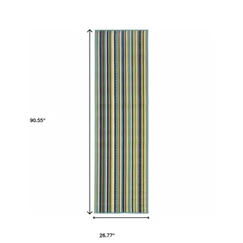 2' X 8' Blue and Green Striped Stain Resistant Indoor Outdoor Area Rug