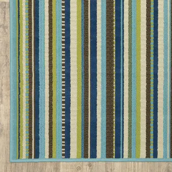 2' X 8' Blue and Green Striped Stain Resistant Indoor Outdoor Area Rug