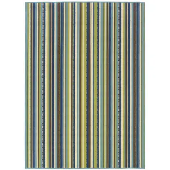 4' X 6' Blue and Green Striped Stain Resistant Indoor Outdoor Area Rug
