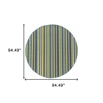 8' X 8' Blue and Green Round Striped Stain Resistant Indoor Outdoor Area Rug
