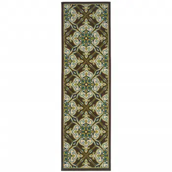 2' X 8' Brown and Ivory Floral Stain Resistant Indoor Outdoor Area Rug