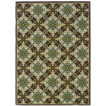 7' X 10' Brown and Ivory Floral Stain Resistant Indoor Outdoor Area Rug