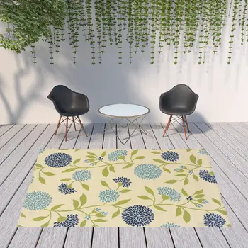 8' X 11' Green and Ivory Floral Stain Resistant Indoor Outdoor Area Rug