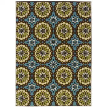 2' X 4' Blue and Green Floral Stain Resistant Indoor Outdoor Area Rug