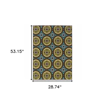 2' X 4' Blue and Green Floral Stain Resistant Indoor Outdoor Area Rug