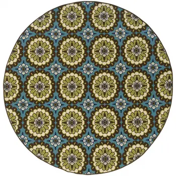 8' X 8' Blue and Green Round Floral Stain Resistant Indoor Outdoor Area Rug