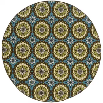 8' X 8' Blue and Green Round Floral Stain Resistant Indoor Outdoor Area Rug