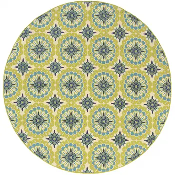 8' X 8' Green and Ivory Round Floral Stain Resistant Indoor Outdoor Area Rug