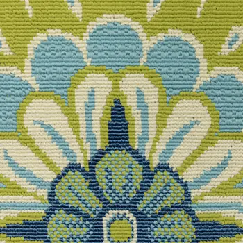 8' X 8' Green and Ivory Round Floral Stain Resistant Indoor Outdoor Area Rug