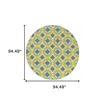 8' X 8' Green and Ivory Round Floral Stain Resistant Indoor Outdoor Area Rug