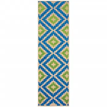 2' X 8' Blue and Beige Geometric Stain Resistant Indoor Outdoor Area Rug