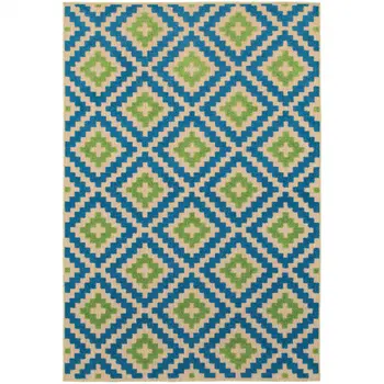 10' X 13' Blue and Beige Geometric Stain Resistant Indoor Outdoor Area Rug