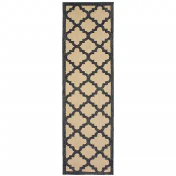 2' X 8' Beige and Black Geometric Stain Resistant Indoor Outdoor Area Rug