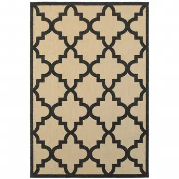 7' X 10' Beige and Black Geometric Stain Resistant Indoor Outdoor Area Rug