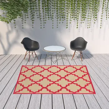 7' X 10' Red Geometric Stain Resistant Indoor Outdoor Area Rug