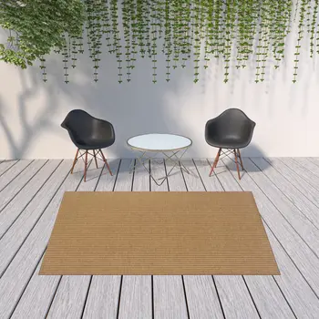 7' X 10' Tan Striped Stain Resistant Indoor Outdoor Area Rug