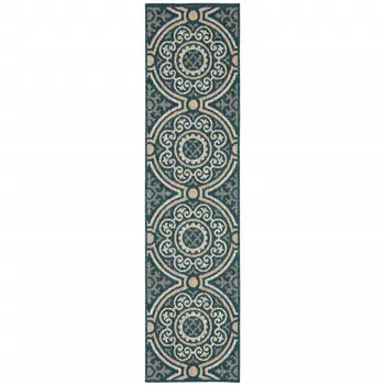 2' X 8' Blue and Gray Geometric Stain Resistant Indoor Outdoor Area Rug