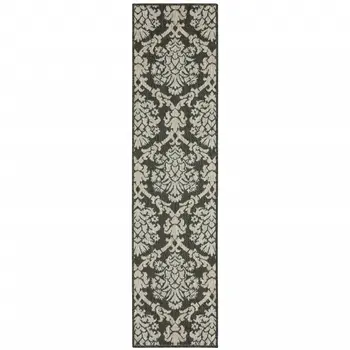 2' X 8' Gray Floral Stain Resistant Indoor Outdoor Area Rug