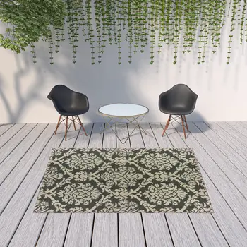 7' X 9' Gray Floral Stain Resistant Indoor Outdoor Area Rug