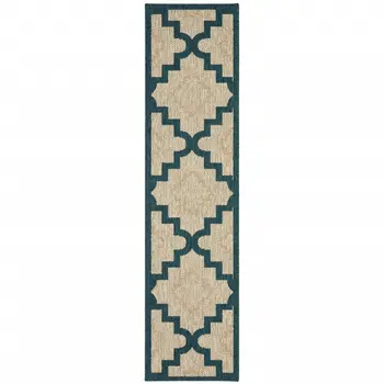 2' X 8' Blue and Gray Geometric Stain Resistant Indoor Outdoor Area Rug