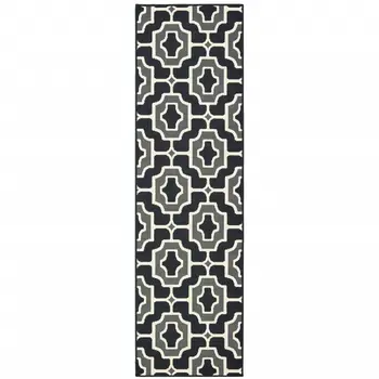 2' X 8' Black and Gray Geometric Stain Resistant Indoor Outdoor Area Rug