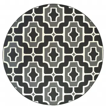 8' X 8' Black and Gray Round Geometric Stain Resistant Indoor Outdoor Area Rug