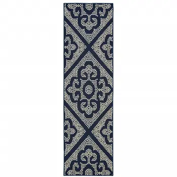 2' X 8' Blue and Ivory Geometric Stain Resistant Indoor Outdoor Area Rug