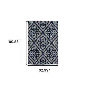5' X 8' Blue and Ivory Geometric Stain Resistant Indoor Outdoor Area Rug