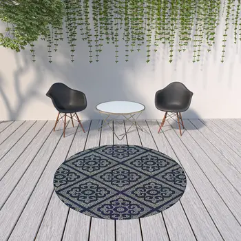 8' X 8' Blue and Ivory Round Geometric Stain Resistant Indoor Outdoor Area Rug