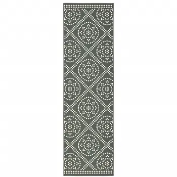 2' X 8' Gray and Ivory Geometric Stain Resistant Indoor Outdoor Area Rug