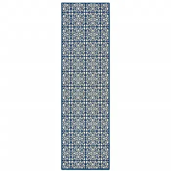 2' X 8' Ivory and Blue Geometric Stain Resistant Indoor Outdoor Area Rug