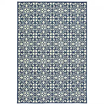 4' X 6' Ivory and Blue Geometric Stain Resistant Indoor Outdoor Area Rug