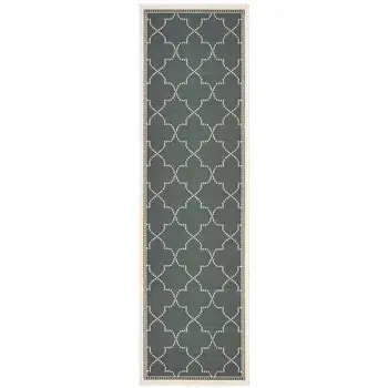 2' X 8' Gray and Ivory Geometric Stain Resistant Indoor Outdoor Area Rug