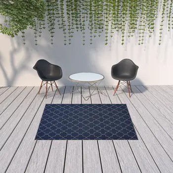5' X 8' Blue and Ivory Geometric Stain Resistant Indoor Outdoor Area Rug