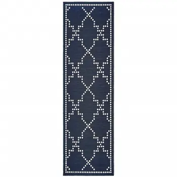 2' X 8' Blue and Ivory Geometric Stain Resistant Indoor Outdoor Area Rug