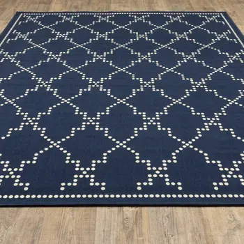 2' X 4' Blue and Ivory Geometric Stain Resistant Indoor Outdoor Area Rug