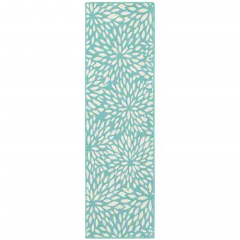 2' X 8' Blue and Ivory Floral Stain Resistant Indoor Outdoor Area Rug