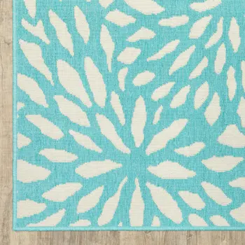 2' X 8' Blue and Ivory Floral Stain Resistant Indoor Outdoor Area Rug