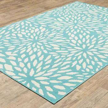 8' X 11' Blue and Ivory Floral Stain Resistant Indoor Outdoor Area Rug