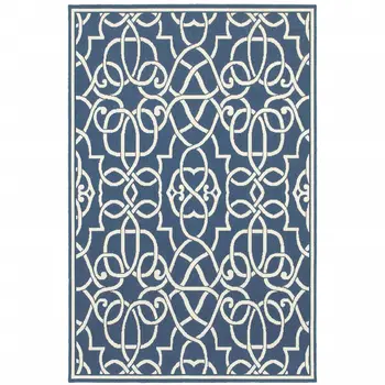 9' X 13' Blue and Ivory Geometric Stain Resistant Indoor Outdoor Area Rug