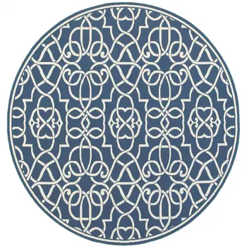 8' X 8' Blue and Ivory Round Geometric Stain Resistant Indoor Outdoor Area Rug