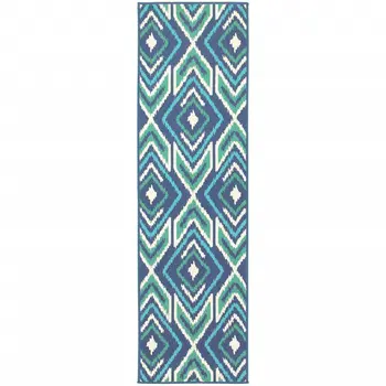 2' X 8' Blue and Ivory Geometric Stain Resistant Indoor Outdoor Area Rug