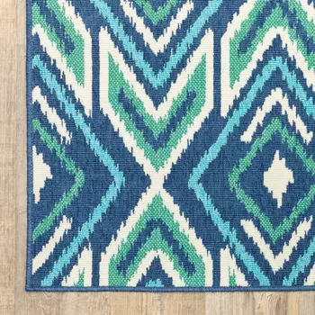 2' X 8' Blue and Ivory Geometric Stain Resistant Indoor Outdoor Area Rug