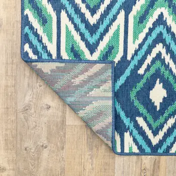 8' X 11' Blue and Ivory Geometric Stain Resistant Indoor Outdoor Area Rug
