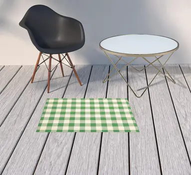 2' X 3' Green and Ivory Geometric Stain Resistant Indoor Outdoor Area Rug