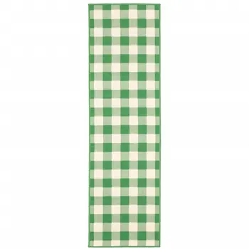 2' X 8' Green and Ivory Geometric Stain Resistant Indoor Outdoor Area Rug