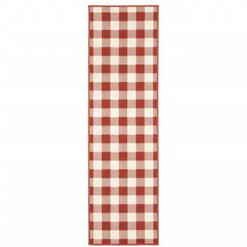 2' X 8' Red and Ivory Geometric Stain Resistant Indoor Outdoor Area Rug