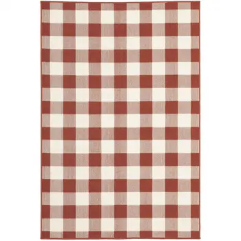 8' X 11' Red and Ivory Geometric Stain Resistant Indoor Outdoor Area Rug